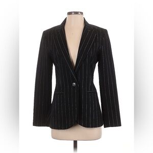 NORMA KAMALI Black White Pin-Stripe 2-Button Notch Collar Blazer Jacket 6 = S